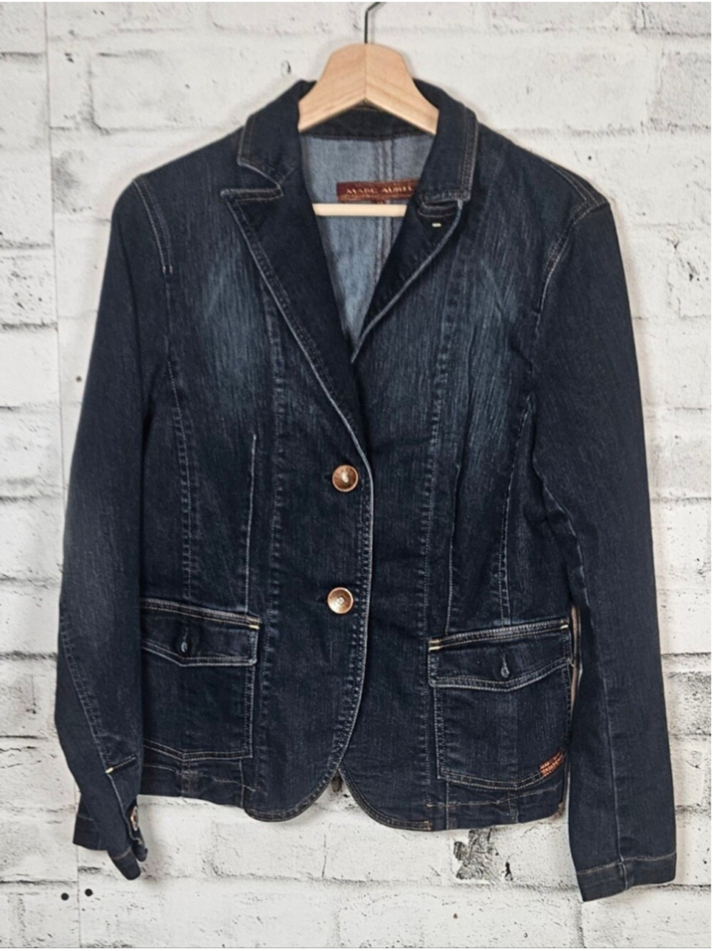 Marc Aurel Denim Blazer Jacket Women Size 42 Dark Wash Stretch Tailored